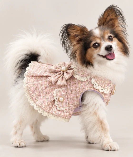 핑크 트위드 원피스의 포켓과 옆리본 디테일